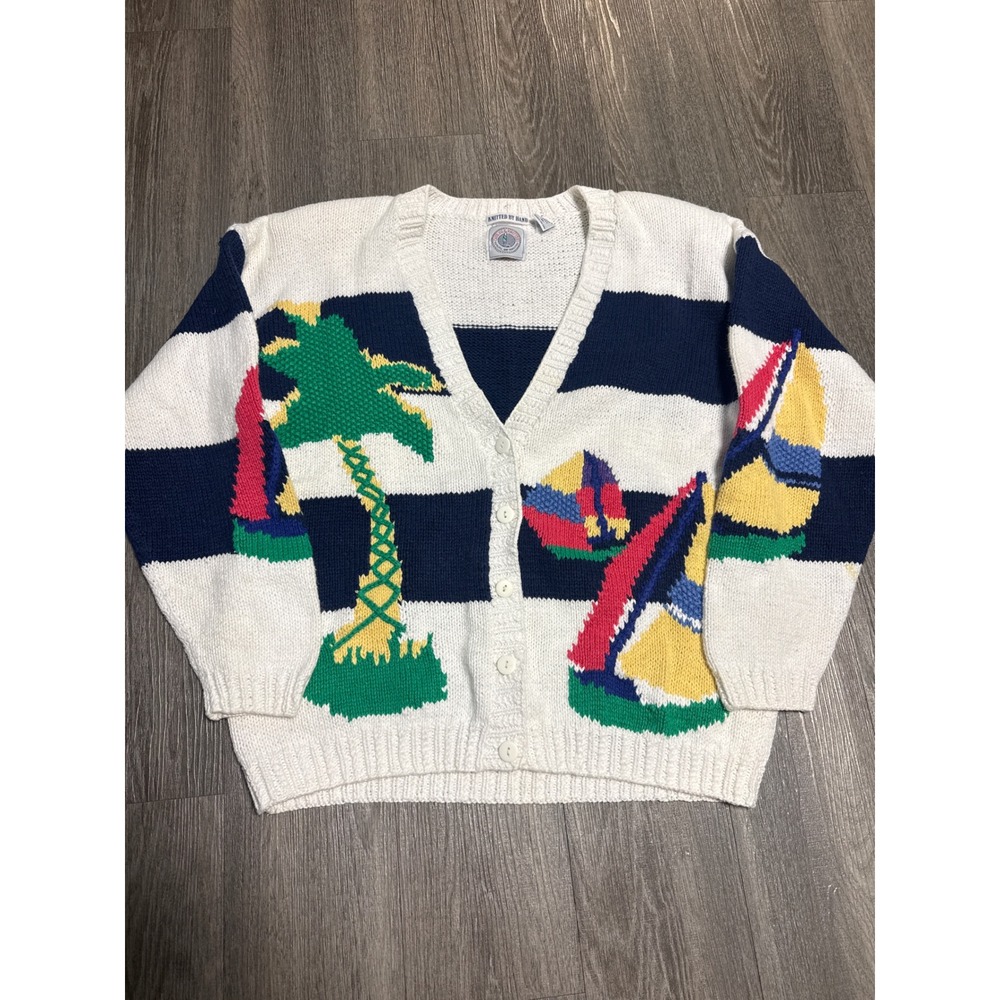 Cape Isle Knitters Womens Medium Hand Knit Nautical Sailboat Palm Tree Cardigan